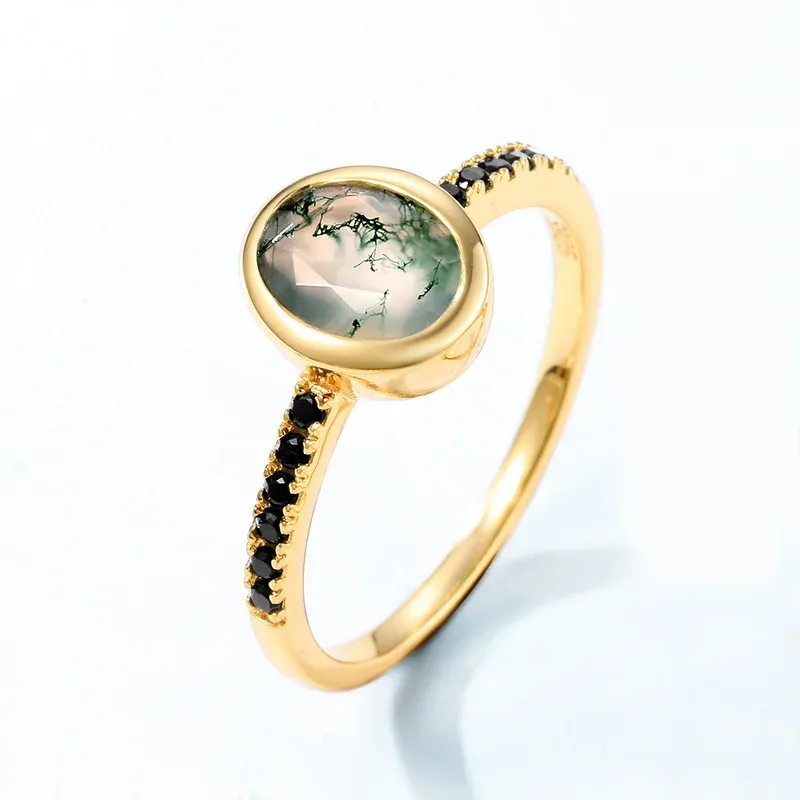 JewelyKing S925 Silver Gold Oval Moss Agate CZ Diamond Gemstone Gold Vermeil Rings JKRS0232