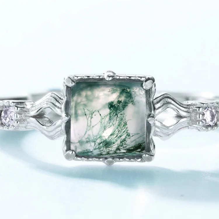 JewelyKing S925 Silve Natural Moss Agate Gemstone Wedding Adjustable Vintage Rings JKRS0173