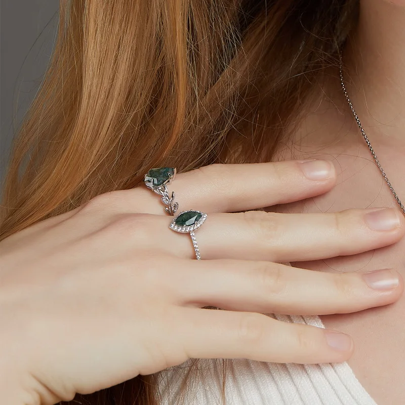 JewelyKing S925 Silver Retro Gemstone Natural Green Moss Agate Ring JKRS0245