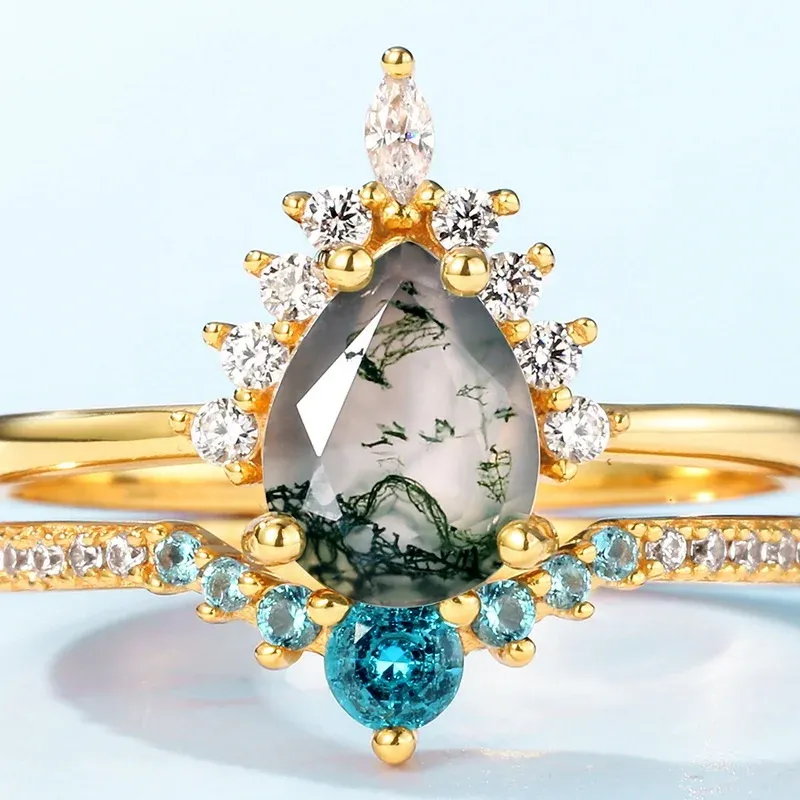 JewelyKing S925 Sterling Silver Vintage Genuine Gemstone Green Blue Nano Ring Pear Shaped Moss Agate Ring JKRS0152