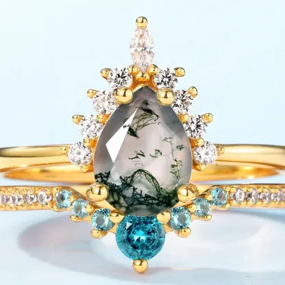 JewelyKing S925 Sterling Silver Vintage Genuine Gemstone Green Blue Nano Ring Pear Shaped Moss Agate Ring JKRS0152