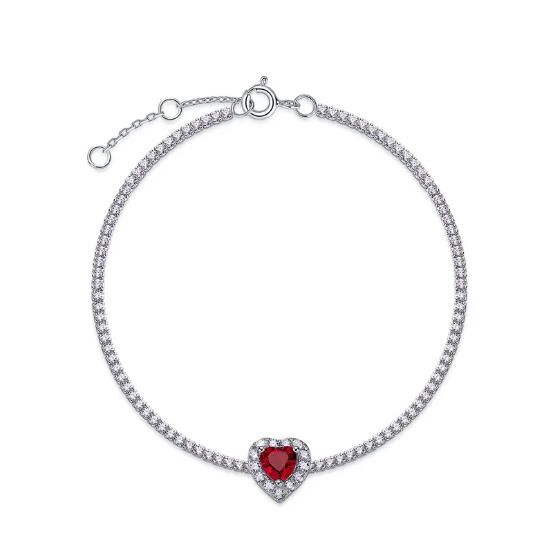 Luxury 925 Sterling Silver Lab Red Ruby Heart Pendant Tennis Bracelet Chain Fine Jewelry Wholesale