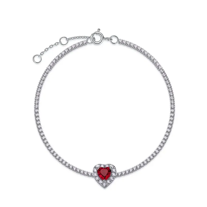Luxury 925 Sterling Silver Lab Red Ruby Heart Pendant Tennis Bracelet Chain Fine Jewelry Wholesale