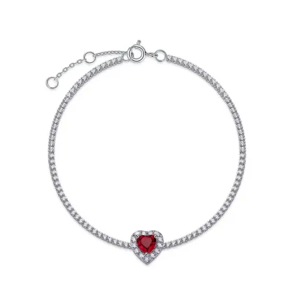 Luxury 925 Sterling Silver Lab Red Ruby Heart Pendant Tennis Bracelet Chain Fine Jewelry Wholesale