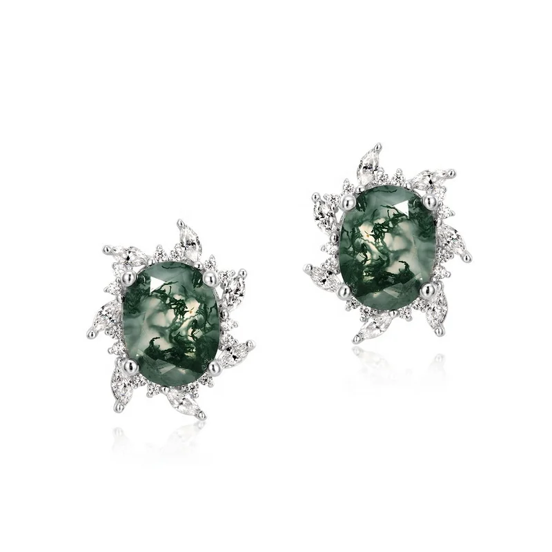 Jewelyking S925 Sterling Silver Trendy Sunflower White Gold Plated Natural Moss Agate and Cubic Zirconia Earrings JKES0100