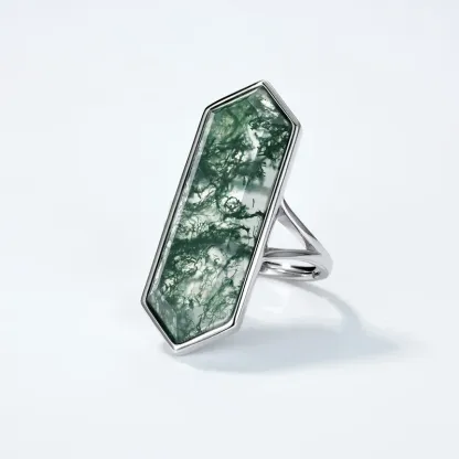 JewelyKing S925 Sterling Silver Elongated Hexagon Green Moss Agate Open Ring JKRS0017