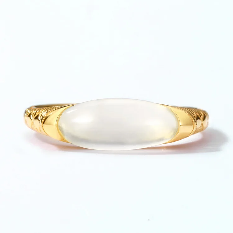 JewelyKing Long Oval Flat Smooth Natural White Jade Irregular Ancient Style Gold Plated Silver Ring JKRS0298