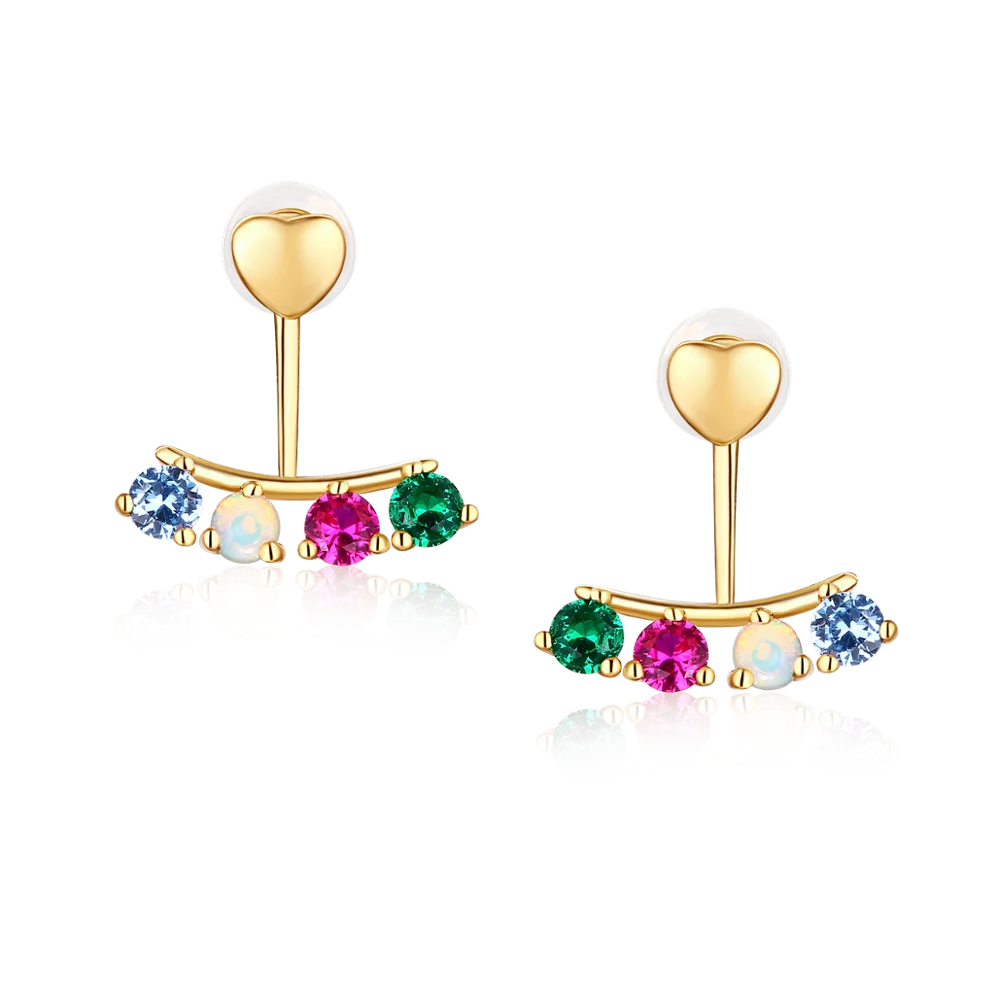 925 Sterling Silver Gold Vermeil Opal rainbow CZ Heart Front Back Ear Jackets Earrings