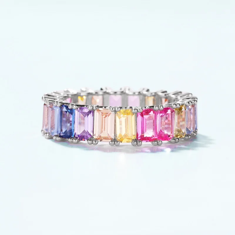 Silver Jewelry 925 Baguette Band Engagement Rainbow Wedding Ring CZ Crystal Rings