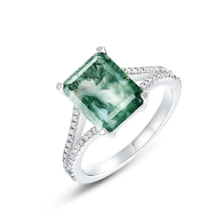 JewelyKing S925 Sterling Silver Emerald Cut Moss Agate Engagement Ring  JKRS0206