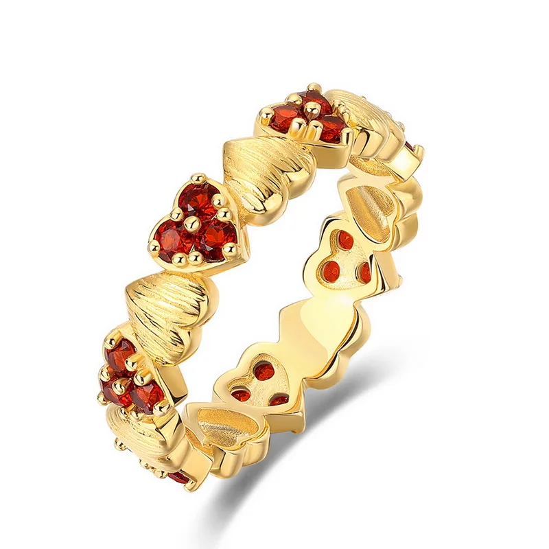 Jewelyking S925 Sterling Silver Italian Brushed Red Garnet Heart Ring  14K Gold Plated Light Luxury Retro Jewelry JKRS0105