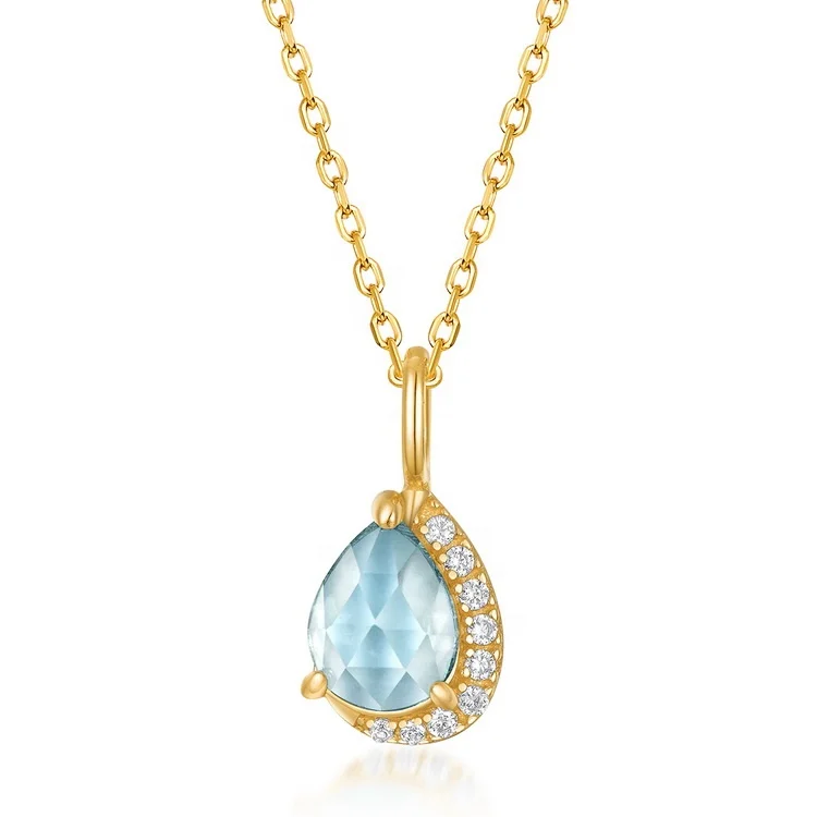 JewelyKing  S925 Silver Sky Blue Topaz Pendant Dainty Pear Shape Luxury Pendant Necklace JKNS0169