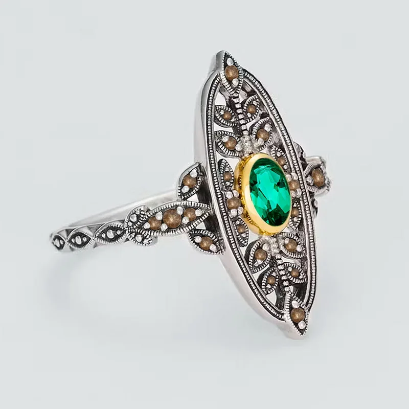 Custom Vintage Jewelry Silver Plated 925 Sterling Silver Personalized Lab Grown Emerald Ring