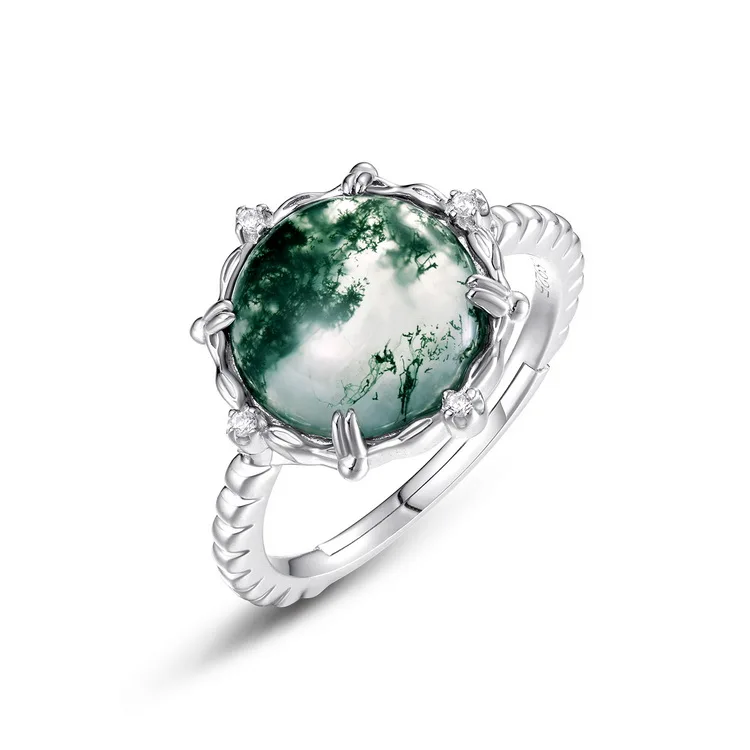 JewelyKing S925 Silver Gemstone Men Luxury Big Gemstone Natural Moss Agate Retro Ring JKRS0204