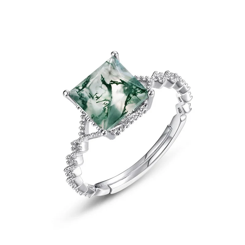 Jewelykin S925 Sterling Moss Rings Type Setting Agate Wedding Engagement Ring JKRS0123