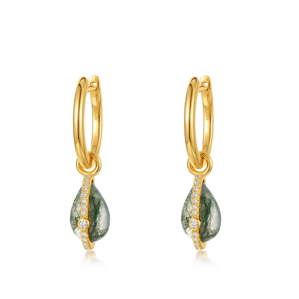 Jewelyking S925 Silver 18k Gold Plated  Natural Green Moss Agate Hoop Earring JKES0095