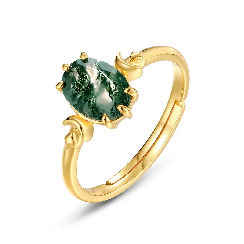 Jewelyking Natural Moss Agate Oval Six Claws Inlaid Natural Gem Jewelry 18k Wedding Rings JKRS0126