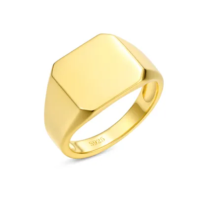 Custom Engravable 925 Sterling Silver Gold Plated Signet Ring for Men Square Top Personalized Jewelry
