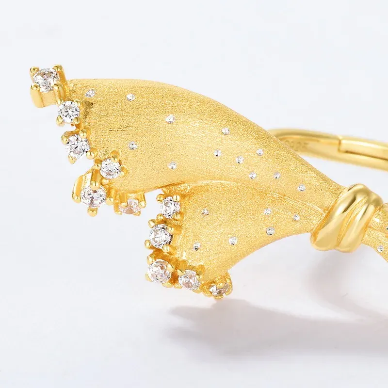 Jewelyking  S925 Sterling Silver Unique Index Finger Retro Brushed 14K Gold Skirt Shape Ring JKRS0106