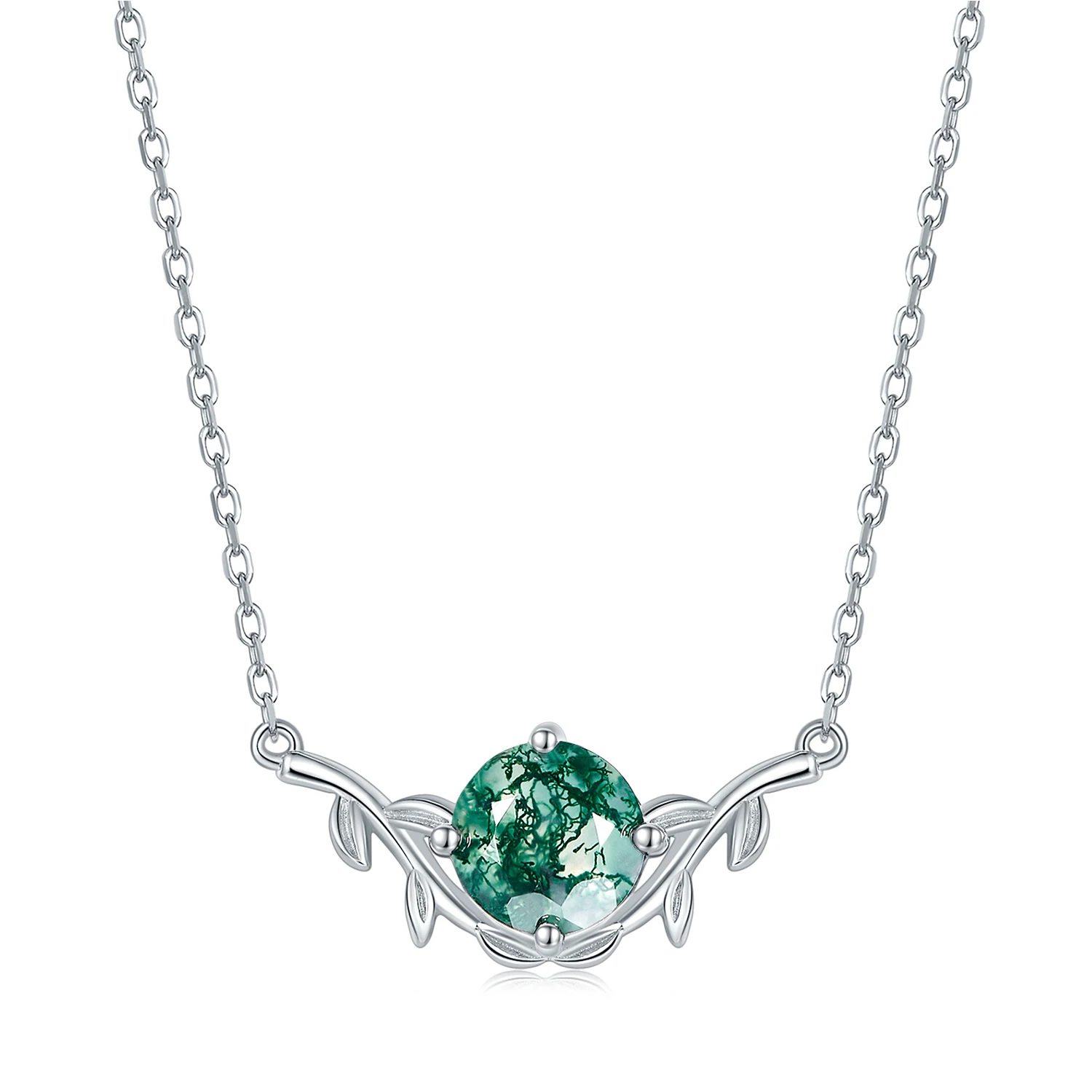 Jewelyking S925 Sterling Silver Green Moss Agate Pendant Necklace JKNS0081