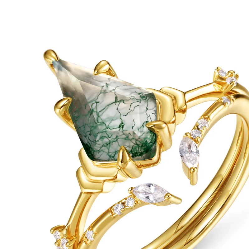 JewelyKing S925 Sterling Silver Kite Shape Natural Green Moss Agate Engagement Ring JKRS0246