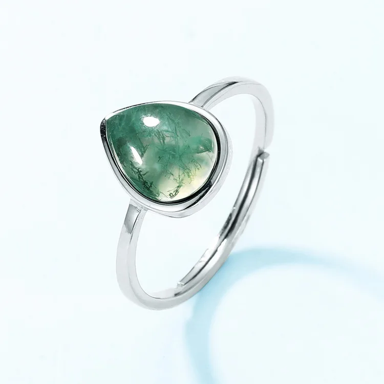 JewelyKing S925 Silver Oval Stone Cabochon  Gothic Natural Moss Agate Adjustable Ring JKRS0145