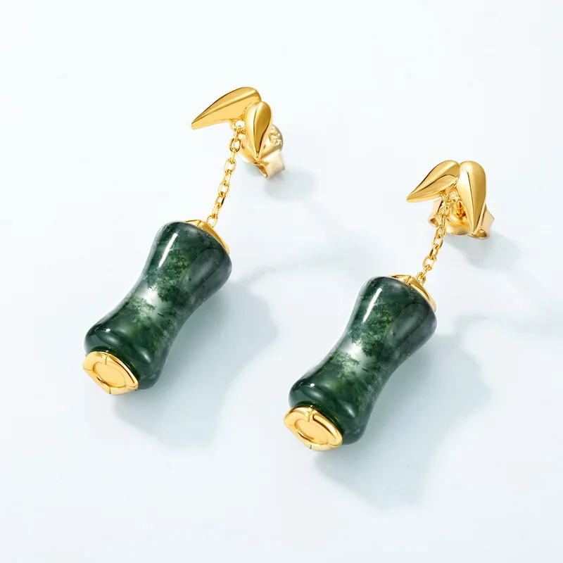 Jewelyking S925 Sterling Silver Bamboo Green Moss Long Light Gold-Plated Earrings Luxury Retro Temperament Stud Earrings JKES0085