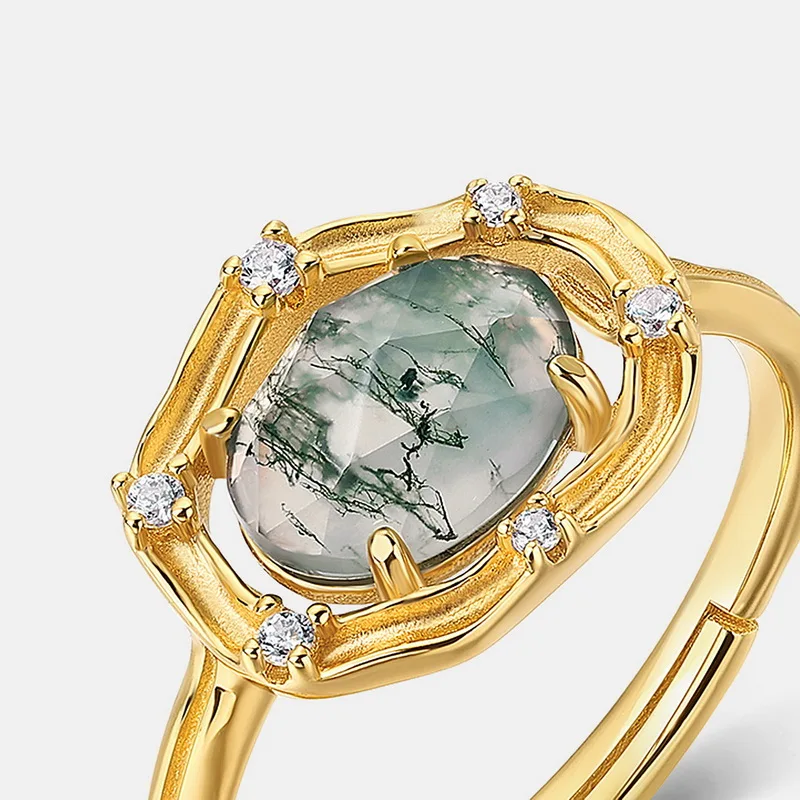 Light Luxury Fashion Fine Jewelry Natural Green Moss Agate Ring S925 Silver Inlaid Water Grass Agate Finger Ring