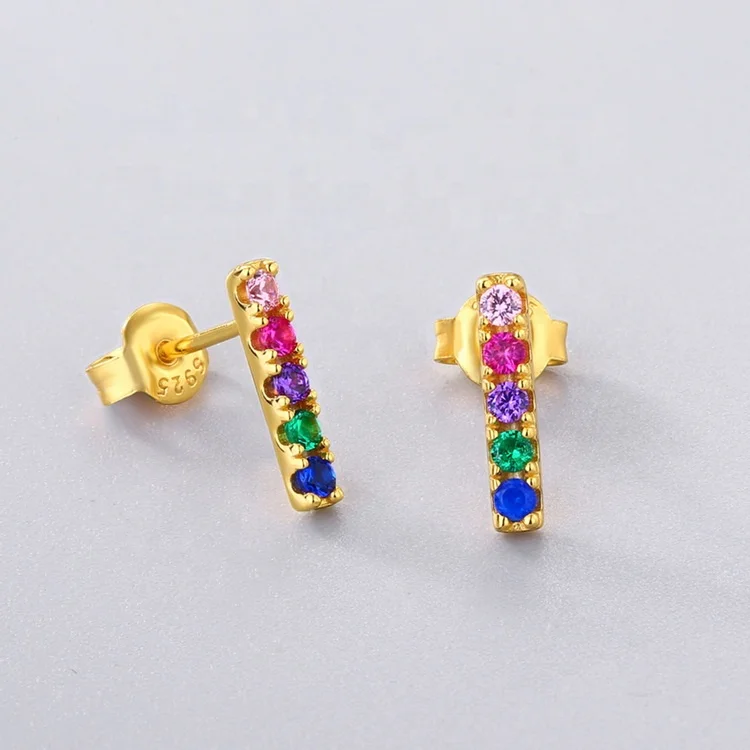 Hot Selling Diamond 925 Sterling Silver Rainbow Stud Earrings Simple Trendy Girls Gold Plated Multi Color CZ Bar Earrings Women