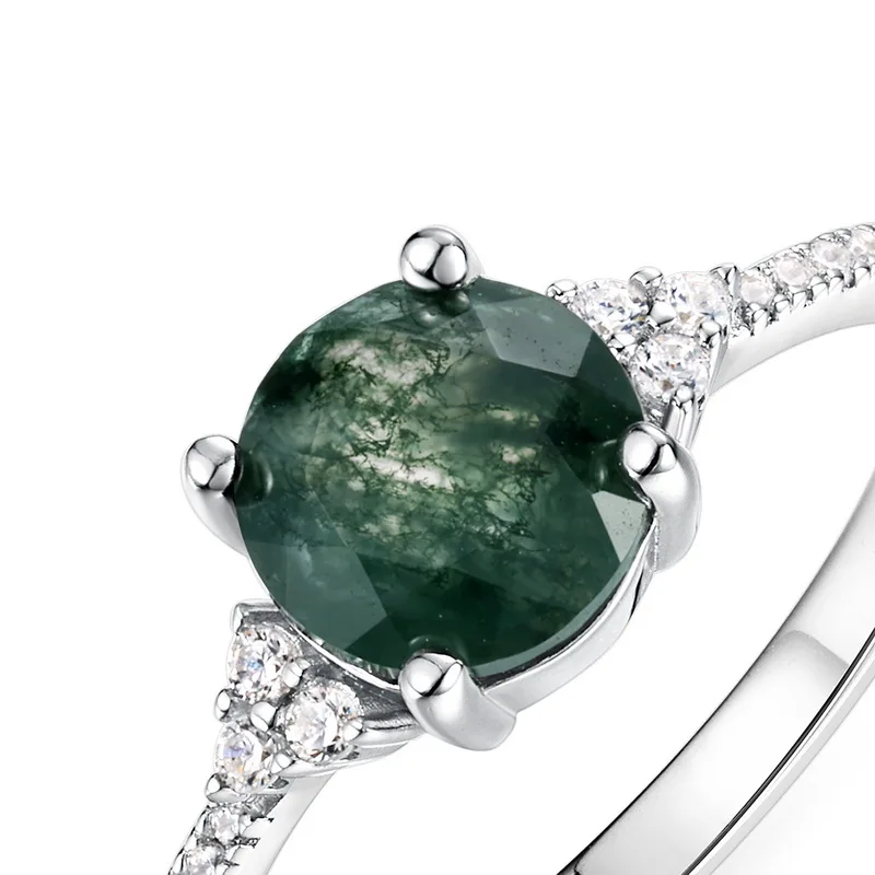 JewelyKing S925 Sterling Silver Moss Agate  Personality Advanced Engagement Ring JKRS0181