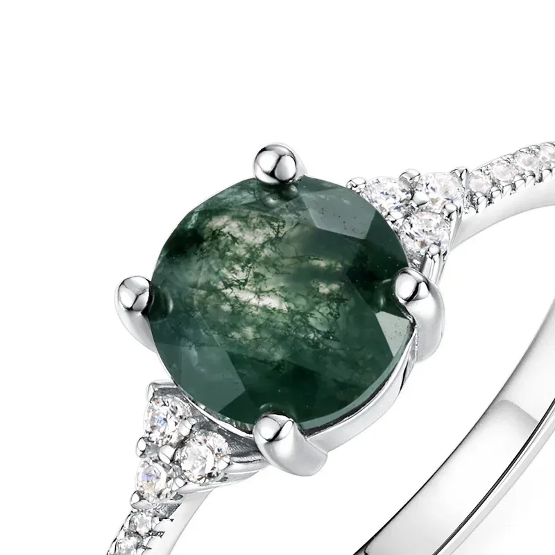 JewelyKing S925 Sterling Silver Moss Agate  Personality Advanced Engagement Ring JKRS0181