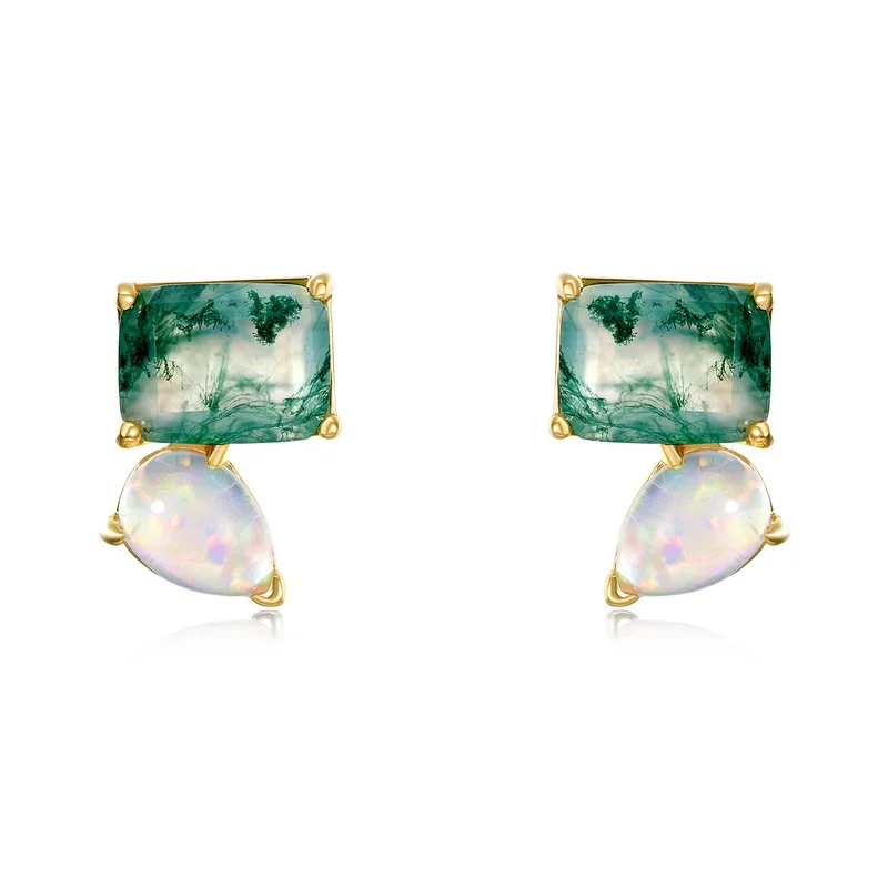 Jewelyking S925 Sterling Silver Luxury Square Green Moss Agate Opal Stud Earrings JKES0104