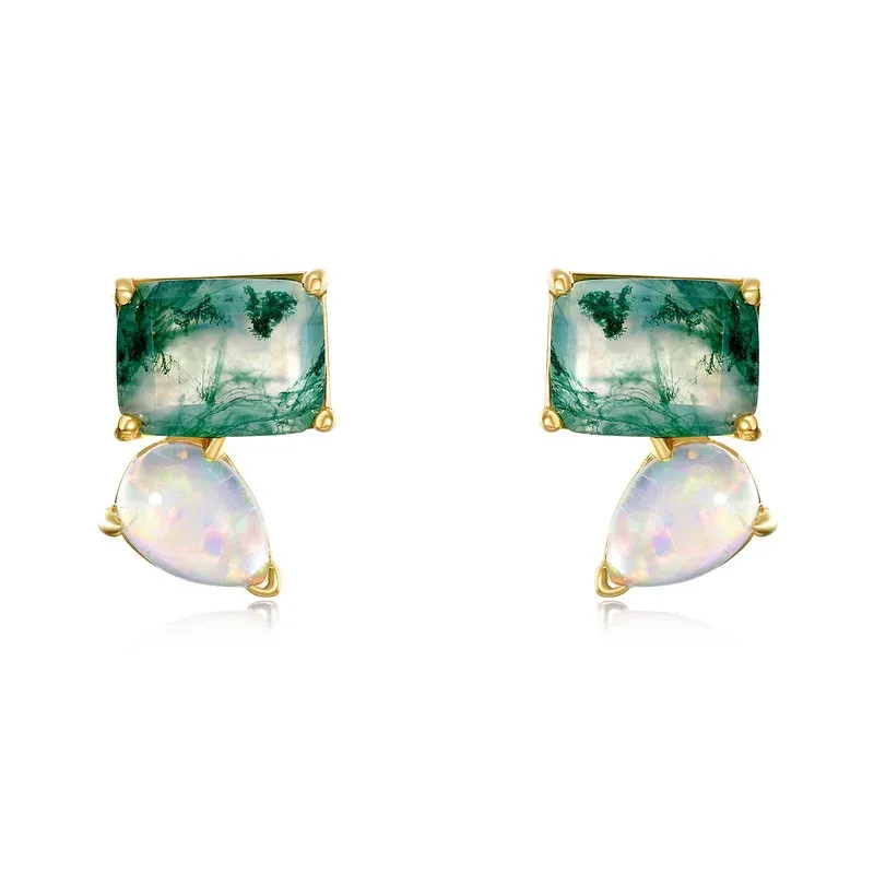 Jewelyking S925 Sterling Silver Luxury Square Green Moss Agate Opal Stud Earrings JKES0104