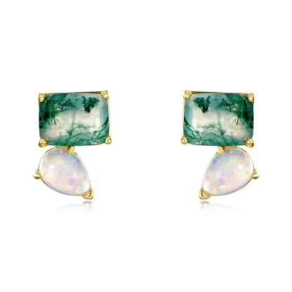 Jewelyking S925 Sterling Silver Luxury Square Green Moss Agate Opal Stud Earrings JKES0104