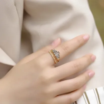 JewelyKing S925 Sterling Silver Green Moss Agate 14K Gold Plated Rectangular Cut Stackable Lace Design Ring JKRS0198