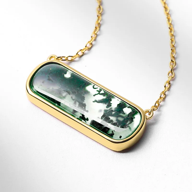 Jewelyking S925 Sterling Silver 18K Gold Plated Green Moss Agate Bar Pendant Necklace JKNS0101