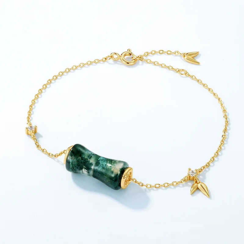 Jewelyking S925 Sterling Silver Green Moss Agate Gold Plated Bamboo Barrel Bead CZ Accent Adjustable Chain Bracelet JKBS0039
