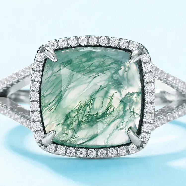 JewelyKing S925 Silver Cushion Rose Cut Green Moss Agate Dainty Gemstone Solitaire Wedding Ring JKRS0210
