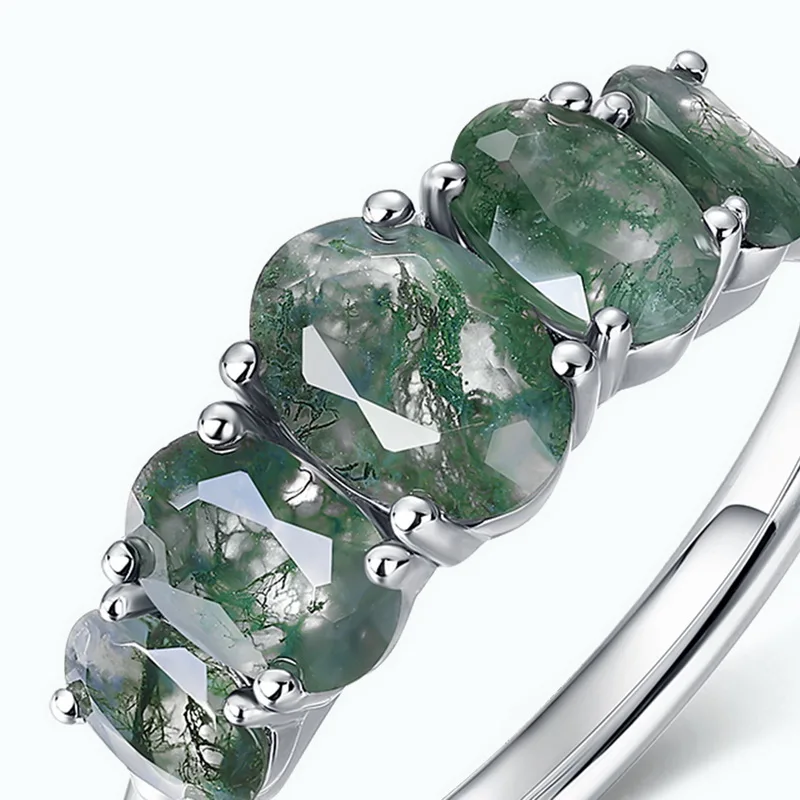 JewelyKing S925 Sterling Silver Oval Green Moss Agate Inlaid Five Stone Unique Personality Ring JKRS0186