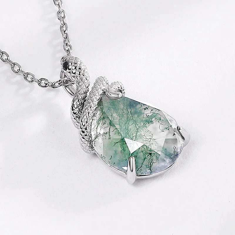 Jewelyking S925 Sterling Silver Snake Shape Green Moss Agate Gemstone Pendant JKNS0090