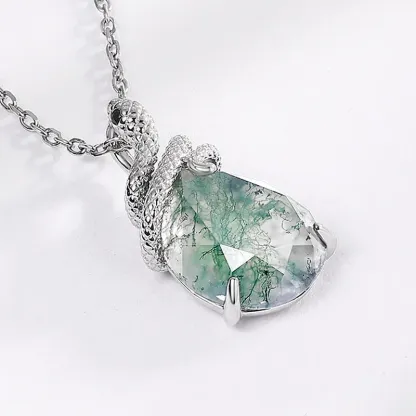 Jewelyking S925 Sterling Silver Snake Shape Green Moss Agate Gemstone Pendant JKNS0090