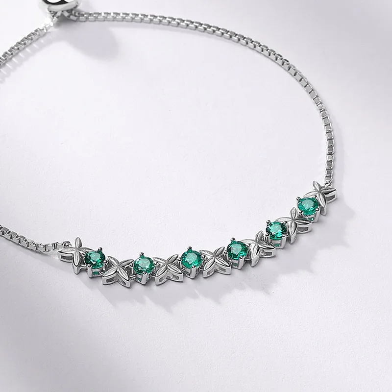 Wholesale Adjustable 925 Sterling Silver Emerald Chain Vivid Lab Grown Emerald Bracelet Flower Bracelet for Women