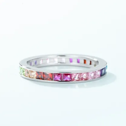 Custom  Multi Color Rainbow Ring 925 Sterling Silver Round Square CZ Shape Rainbow Wedding Band Ring for Women
