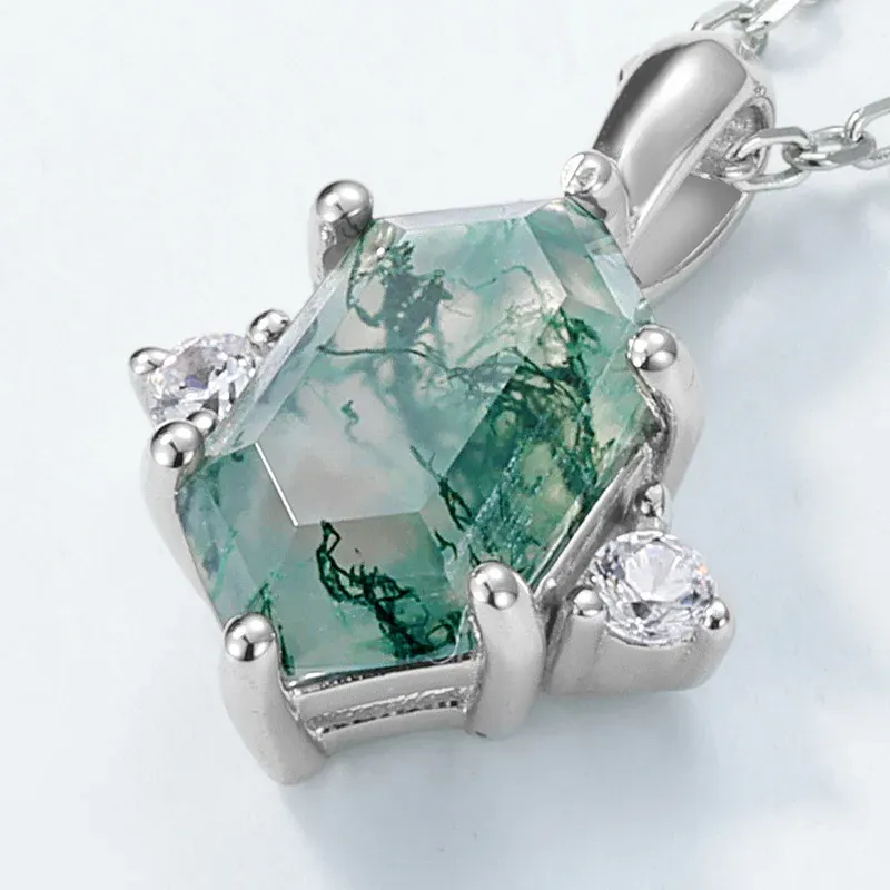 JewelyKing S925 Sterling Silver Moss Agate Hexagon Cut Natural Green Moss Stone  Necklace JKNS0026