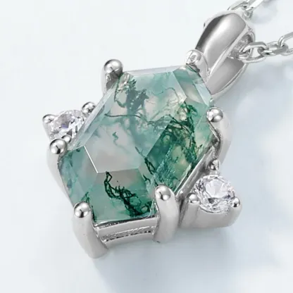 JewelyKing S925 Sterling Silver Moss Agate Hexagon Cut Natural Green Moss Stone  Necklace JKNS0026