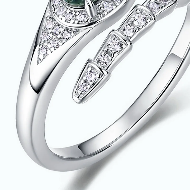 JewelyKing S925 Sterling Silver Adjustable Green Moss Agate Open Plated Snake Ring  JKRS0185