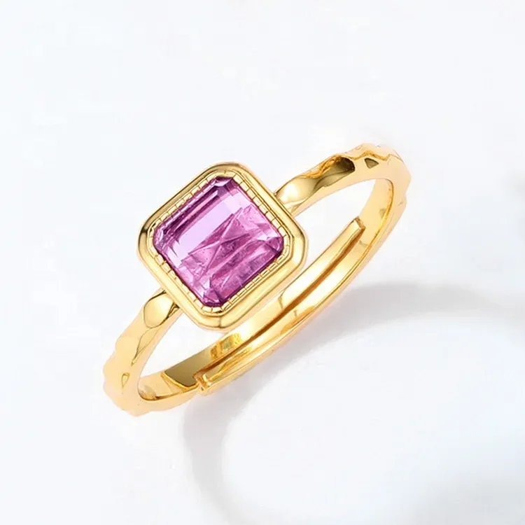 JewelyKing  S925 Sterling Silver square Amethyst Trendy Adjustable Engagement Ring JKRS0264