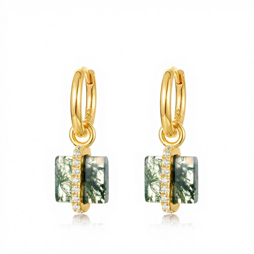 Jewelyking S925 Sterling Silver 14K Gold Plated Square Moss Agate Dangle Huggie Hoop Pave CZ Accent Minimalist Geometric Earrings JKES0102
