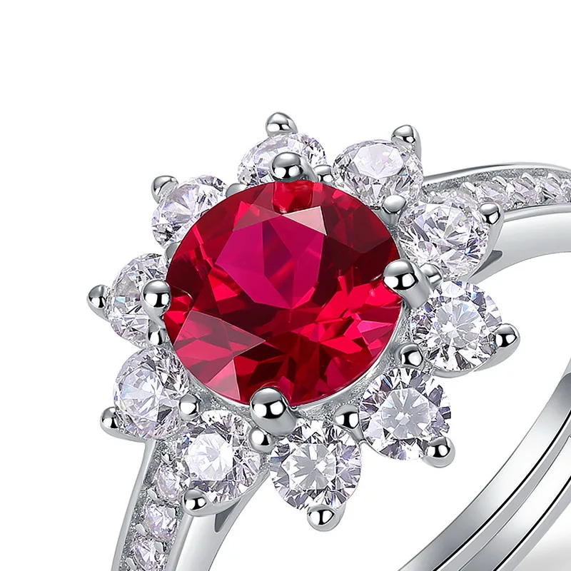 JewelyKing S925 Silver Sunflower Ruby Open Band Lab Grown Colored Gemstones Ring JKRS0257