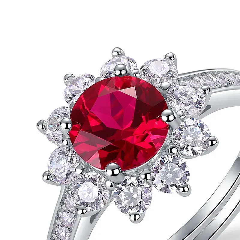 JewelyKing S925 Silver Sunflower Ruby Open Band Lab Grown Colored Gemstones Ring JKRS0257